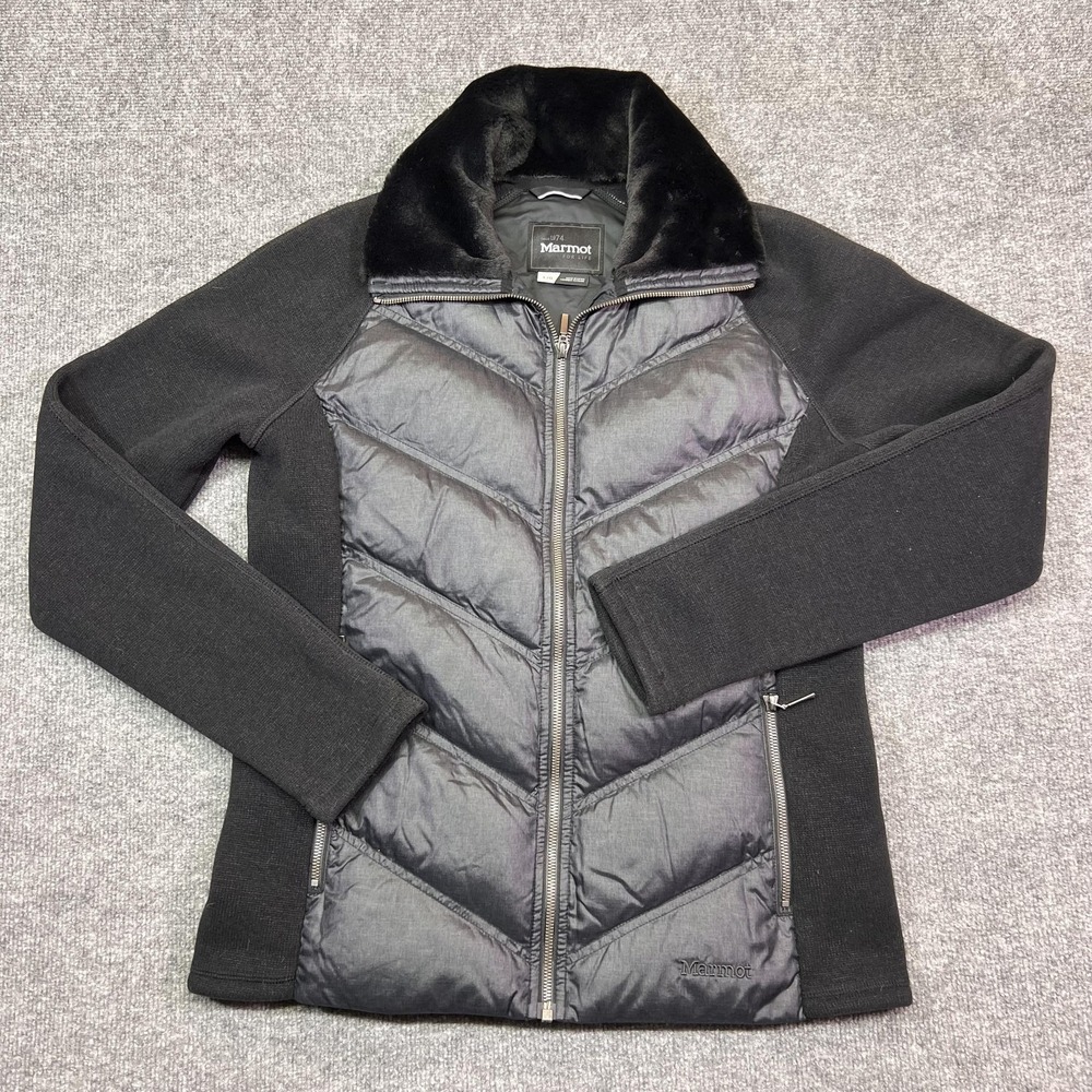 Marmot Jacket Womens Large Black Knit Sleeve Down Puffer Full Zip 700 Fill